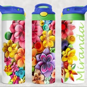 Personalized 20 oz Flip Top Colorful Flowers Double Walled Tumbler Water Bottle