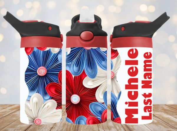 Personalized 12 oz Flip Top Patriotic Flowers Double Walled Kid's Tumbler