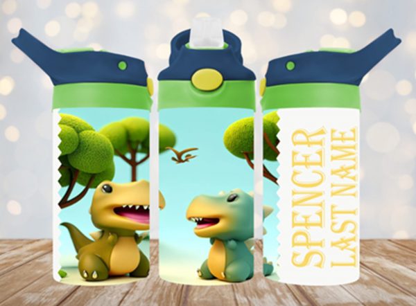 Personalized 12 oz Flip Top Two Dinosaurs Double Walled Kid's Tumbler