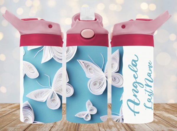 Personalized 12 oz Flip Top White Butterflies Double Walled Kid's Tumbler