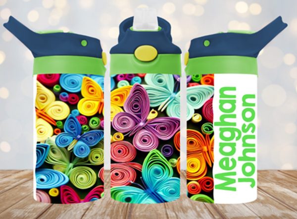Personalized 12 oz Flip Top Colorful Butterflies Double Walled Kid's Tumbler