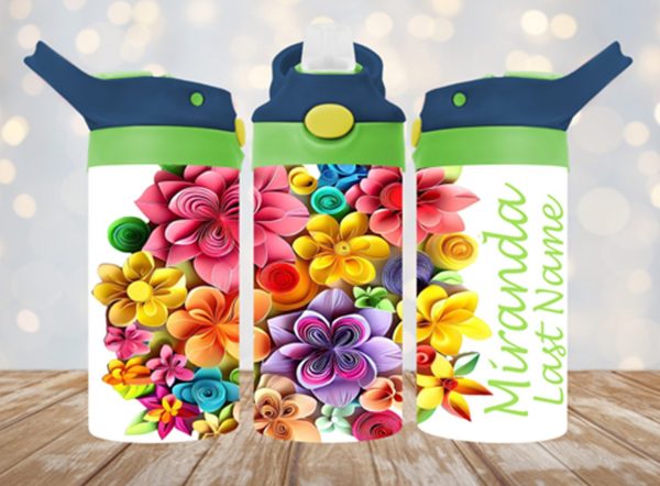 Personalized 12 oz Flip Top Colorful Flowers Double Walled Kid's Tumbler