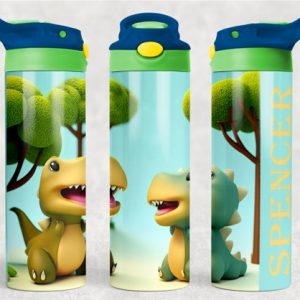 Personalized 20 oz Flip Top Two Dinosaurs Double Walled Tumbler Water Bottle