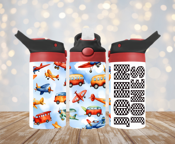 Personalized 12 oz Flip Top Planes Trains and Automobiles Double Walled Kid's Tumbler